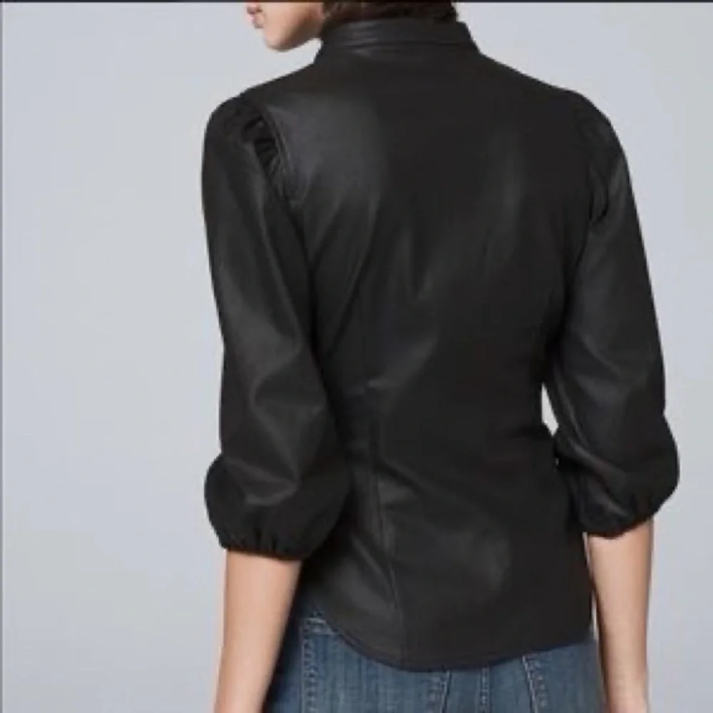 White House Black Market Coated Denim Puff Sleeve Blouse - Picture 3 of 10